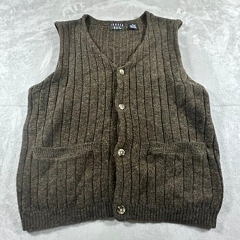 Vintage Trader Bay Sweater Vest Mens 100% Wool Ribbed Button Front M Brown